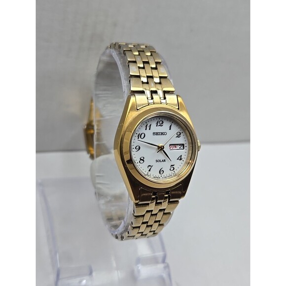 Seiko Solar Womens Gold Tone Day Date Watch White Dial 26mm V138 Works Size Sm - Picture 3 of 11